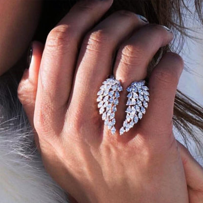 925 Silver Fashion Ladies Open Ring AAA Full Diamond Zircon Wings Adjustable Ring Crystal Angel Wings Ring Sparkle Silver Rhinestone Anniversary Promise Wedding Birthday Jewelry for Women