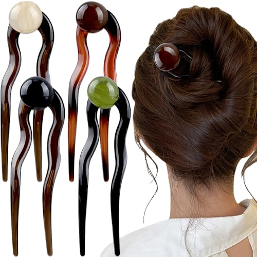 U Shaped French Hair Pin Hair Clips Pearl French Hair Pins for Women Elegant French Pin Hair Clip Acetate Bobby Pins Brown Hair Fork Hairpin Hair Sticks for Buns Vintage Updo Hair Accessories, 4pcs