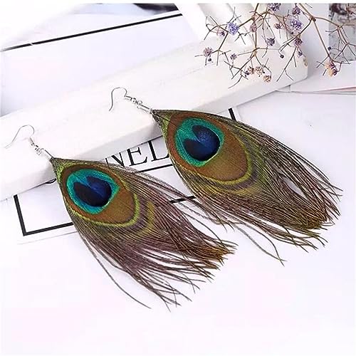 Peacock Feather Earrings for Women Native Handmade Lightweight Long Peacock Feather Boho Hook Earring Prom Party Festival Jewelry - color: Peacock Feather