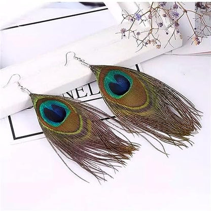 Peacock Feather Earrings for Women Native Handmade Lightweight Long Peacock Feather Boho Hook Earring Prom Party Festival Jewelry - color: Peacock Feather