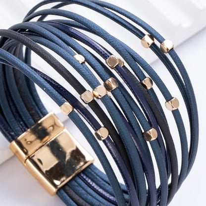 Stackable Beaded Leather Wrap Bracelet Boho Western Country Beach Jewelry | Layered Bead Stack Multi Strand Magnetic Clasp Cuff Bangle Bohemian Hippie Cowgirl Fashion Summer Vacation Outfits for Women - color: Blue