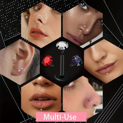 16G 18G Titanium Internal Thread CZ Stud Earrings Flat Back, Silver Black Tragus Helix Conch Cartilage Piercing Jewelry for Women Men 6mm 8mm 10mm Labret Studs 2PCS - color: Black, 16g, 10mm bar, 5mm Red CZ