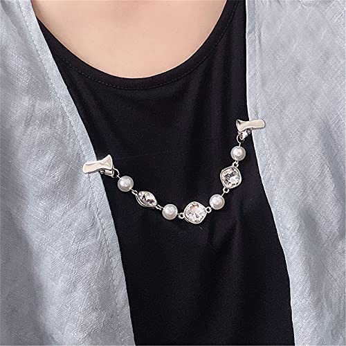 COLORFUL BLING Pearl Crystal Sparkling Teardrop Chain Dresses Shawl Clip Retro Sweater Collar Clips Retro Cardigan Clip Shawl Clips Glove Clips Clasp Dress Shirt Brooch Clip for Men and Women-1