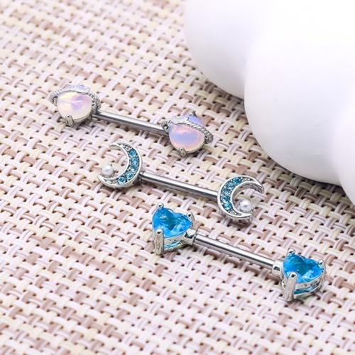 14G Nipple Rings for Women 316L Stainless Steel Heart,Butterfly,Moon,Devil,Flower Nipple Barbell CZ Nipple Rings Set Nipplerings Piercing Jewelry - color: BLIE