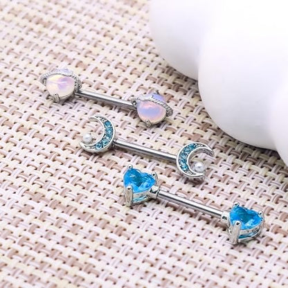 14G Nipple Rings for Women 316L Stainless Steel Heart,Butterfly,Moon,Devil,Flower Nipple Barbell CZ Nipple Rings Set Nipplerings Piercing Jewelry - color: BLIE