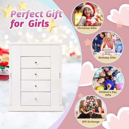 Emfogo Jewelry Box for Girls, Musical Jewelry Box with Spinning Dancer Gifts for Little Girls Christmas New Year Birthday Children's Day, 5 Layer Large Wooden Kids Music Jewelry Organizer Box(White) - color: White