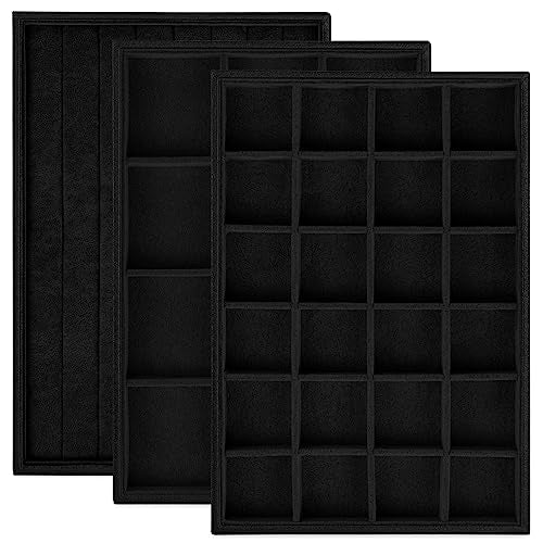 Rocutus Jewelry Trays,3 Pack Stackable Velvet Jewelry Organizer Tray Drawer Jewelry Storage Tray,Divided Ring Organizer Tray for Earrings, Necklaces, Bracelets,13.8"x9.5"x1.2" (Black) - color: Black