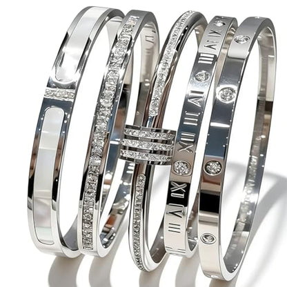 CERULEAN 5-Piece Elegant Stainless Steel Bracelet Set, Fashionable Classic Design, Stainless Steel 5 Piece Bracelet Set, Non Tarnish Bangle, Elegant Bracelets Sets for Everyday and Formal Wear - color: Silver