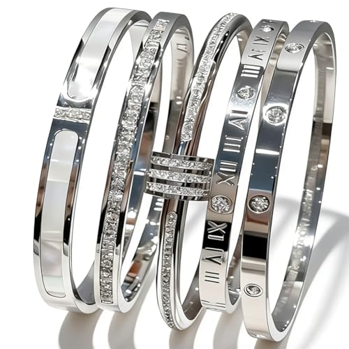 CERULEAN 5-Piece Elegant Stainless Steel Bracelet Set, Fashionable Classic Design, Stainless Steel 5 Piece Bracelet Set, Non Tarnish Bangle, Elegant Bracelets Sets for Everyday and Formal Wear - color: Silver