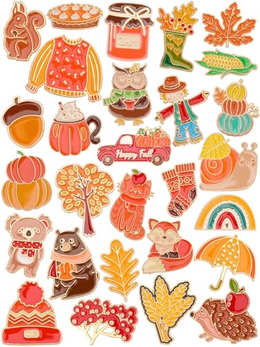 JUNEBRUSHS 28PCS Fall Enamel Pins Cute Pumpkin Maple Animal Brooch Pins for Fall Thanksgiving Theme Birthday Party Classroom Favor Supplies Exchange Gift Clothes Hat Accessories - style: Fall Style
