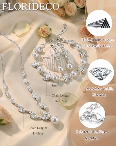 3Pcs 14K Gold Plated Pearl Bridal Jewelry Set for Women | Pearl necklace, drop earrings and bracelet set with cubic zirconia for bride bridesmaid wedding prom and party accessories - color: Silver Plated-CZ Leaf-Pearl