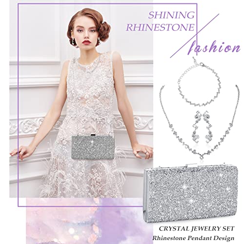 Mixweer 4 Pieces Clutch Purses Bag for Women Evening Rhinestone Jewelry Set Bling Necklace Earrings Bracelets Set for Wedding - style: Simple Style