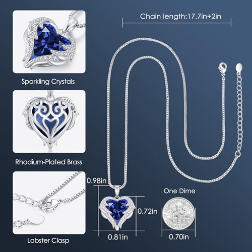 CDE Angel Wings Heart Birthstone Pendant Necklace Gift for Women | Silver/Gold Tone,Ideal Birthday & Anniversary Jewelry Gift for Wife,Girlfriend,Her - color: White-09-Sept-Spahhire Blue Birthstone