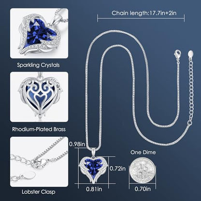 CDE Angel Wings Heart Birthstone Pendant Necklace Gift for Women | Silver/Gold Tone,Ideal Birthday & Anniversary Jewelry Gift for Wife,Girlfriend,Her - color: White-09-Sept-Spahhire Blue Birthstone