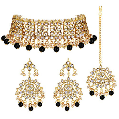 Aheli Elegant Indian Faux Kundan Studded Choker Necklace with Maang Tikka Set Ethnic Wedding Wear Bharatanatyam jewellery set Gift for Women - color: Black