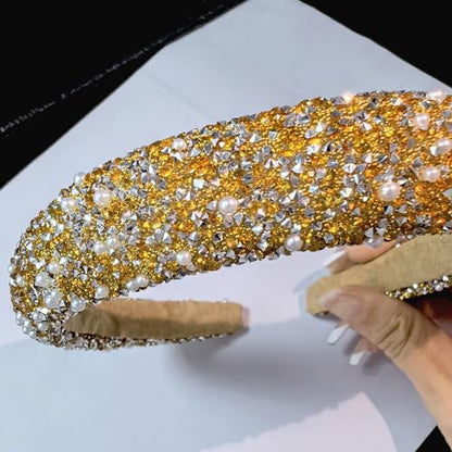 Glitter Crystal Headband for Women Sparkly Bling Diamond Headband Wide Hairband Sparkle Beaded Crystal Headband Thick Padded Headband for Party Non Slip Glitter Hair Hoop (Champagne, L) - color: Champagne