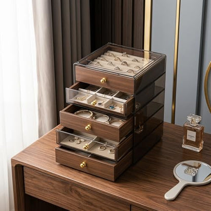 3-Layer Wooden Drawers Jewelry Box For Women,Jewelry Organizer with Acrylic Cover & Velvet Lining-Adjustable Compartments for Earrings Organizer, Rings, Necklaces, Bracelets (5.2*5.2*7.5 Narrow, 3) - size: 5.2*5.2*7.5 Narrow