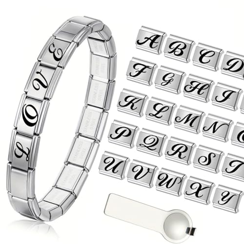 Italian Charms Bracelet Sets Heart Brascelet,18 of Charms and Opening Tools (8 Random Pattern and 10 Blank Modules) - style: Letter4-Silvery