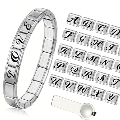 Italian Charms Bracelet Sets Heart Brascelet,18 of Charms and Opening Tools (8 Random Pattern and 10 Blank Modules) - style: Letter4-Silvery