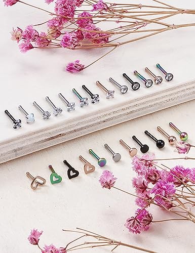 18G 20G Nose Rings Piercings Hypoallergenic Nose Studs 316L Surgical Steel Heart Nose Rings L Shaped Straight Screw Nose Piercing Jewelry for Women Men Silver Black Rose Gold Colorful - color: 18G Mix Color-Straight Shaped