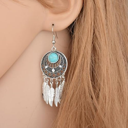 Blue Turquoise Dream Catcher Feather Earrings for Women Vintage Bohemian Western Jewelry - style: Silver Turquoise