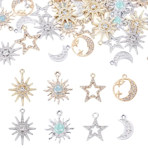 40Pcs Alloy Rhinestone Charms for Jewelry Making, Cute Moon Star Alloy Charm Metal Celestial Rhinestone Dangle Pendants for DIY Necklace Bracelet Earring Jewelry Making Crafts - color: Mixed Colors