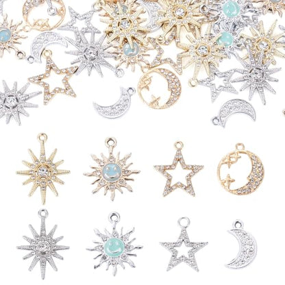 40Pcs Alloy Rhinestone Charms for Jewelry Making, Cute Moon Star Alloy Charm Metal Celestial Rhinestone Dangle Pendants for DIY Necklace Bracelet Earring Jewelry Making Crafts - color: Mixed Colors