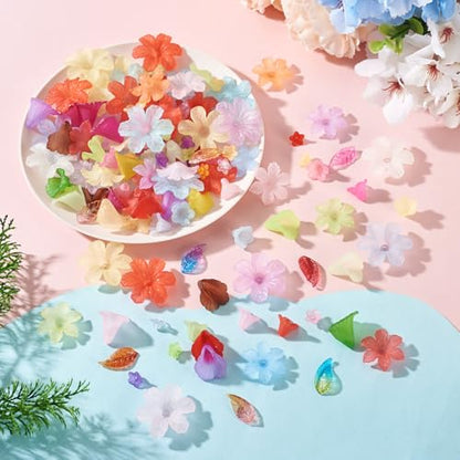 230Pcs Frosted Flower Beads Caps Leaf Acrylic Beads Kit Bell Trumpet Floral Bead Caps Bead Charms Flower Jewelry for DIY Handmade Crafts Jewelry Making Supplies - color: Mixed Flowers