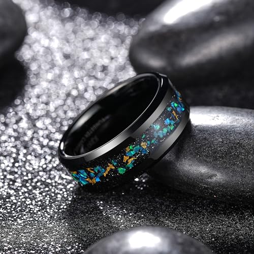 King Will Mens Wedding Band with Foils Inlay, Black/Silver/Gold Beveled Edge Glowstone Ring, 6mm/8mm Tungsten Carbide Rings Comfort Fit - color: Black&Opal-8mm