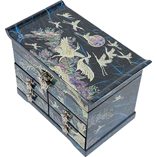 February Mountain Mother of Pearl Wooden Jewelry Organizer Box – Jewelry Storage Box for Women, Features Spacious Drawers, Ideal for Rings, Bracelets, Watches, Chains, Accessories (Crane_Blue) - style: Crane_Blue