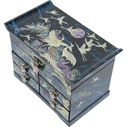 February Mountain Mother of Pearl Wooden Jewelry Organizer Box – Jewelry Storage Box for Women, Features Spacious Drawers, Ideal for Rings, Bracelets, Watches, Chains, Accessories (Crane_Blue) - style: Crane_Blue