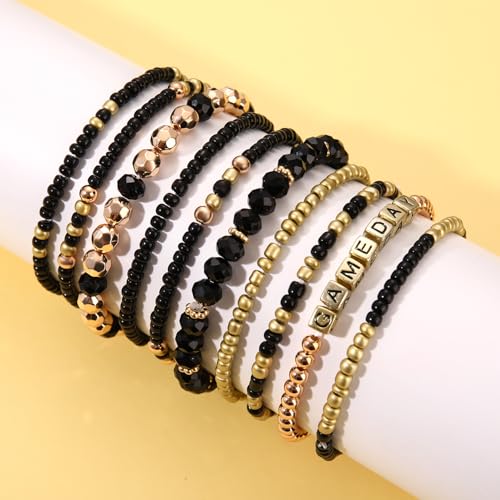ZOLEAROPY Game Day Bracelets Stack Football Bracelets for Women Men Stackable Game day Bracelet Accessories Football Mom Outfit Jewelry Gifts - color: black gold