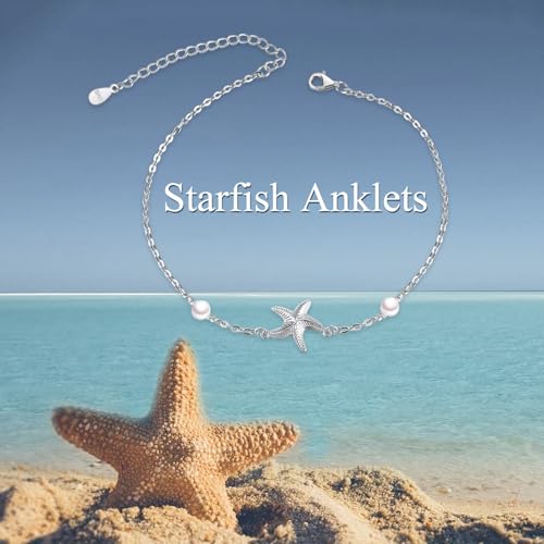 POPLYKE Frog/Pearl/Dragonfly/Ladybug/Highland Cow/Pearl/Moonstone Anklets Sterling Silver Double Layered Chain Beach Anklets for Women Foot Jewelry - style: pearl starfish
