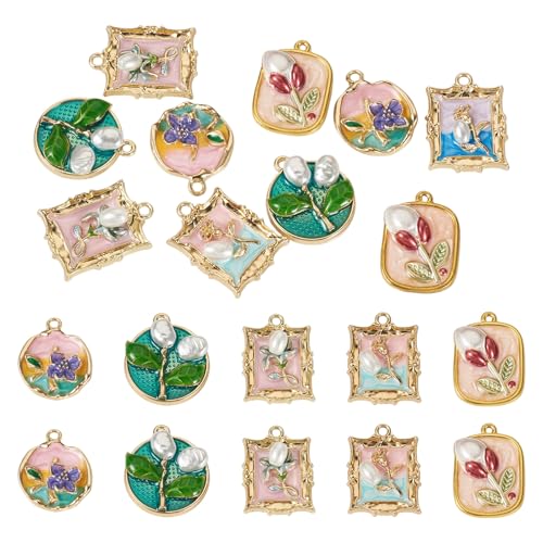 10Pcs Alloy Enamel Flower Charms Light Gold Plated 3D French Style Oil Painting Pendants Geometric Frame Vintage Floral with Pearl Bead Charms for Bracelet Necklace Earring - color: Light Gold Plated, 5 Styles