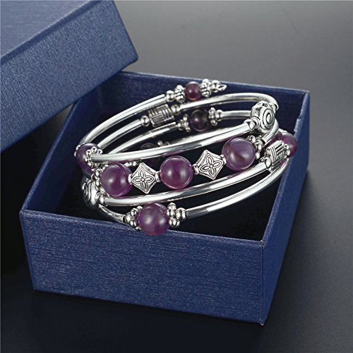 Beaded Pearl Bangle Wrap Bracelet - Fashion Bohemian Jewelry Multilayer Charm Bracelet with Thick Silver Metal Beads, Gift For Women - color: Purple