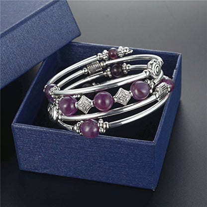 Beaded Pearl Bangle Wrap Bracelet - Fashion Bohemian Jewelry Multilayer Charm Bracelet with Thick Silver Metal Beads, Gift For Women - color: Purple