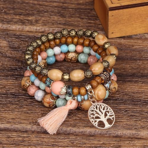 4 Sets Bohemian Stackable Bead Bracelets, Stretch Bangle Charm Jewelry 2 - color: LCS Multicolour 24252