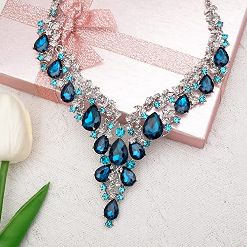 CSY Elegant Crystal Costume Jewelry Sets Flower Bridal Necklace Earrings Stretch Bangle Set for Bride Bridesmaid Wedding Dress Accessories - color: lake blue crystal-platinum tone