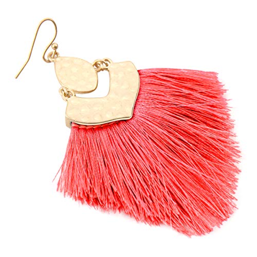 Bohemian Thread Tassel Drop Earrings - Geometric Petal Fan Fringe Feather Statement Chandelier Duster Dangles - color: Boho Tassel Chandelier - Coral