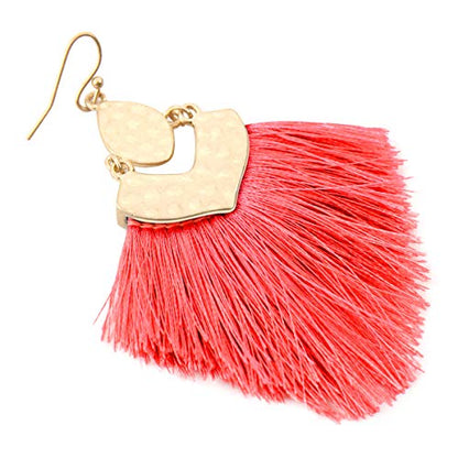 Bohemian Thread Tassel Drop Earrings - Geometric Petal Fan Fringe Feather Statement Chandelier Duster Dangles - color: Boho Tassel Chandelier - Coral