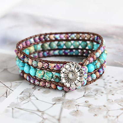 YGLINE Boho Handmade Natural Stone Bead 3 Row Wide Wrap Wrist Statment Bracelet Jewelry Collection - color: Regalite