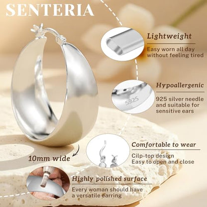 Senteria 12mm Wide Thick Sterling Silver Hoop Earrings Hypoallergenic | 14K Real Gold Plated Hoops Large Earring Lightweight Chunky Hoops Earring for Women Gift for Birthday Christmas 25/30/40/50MM - color: silver 10-30mm