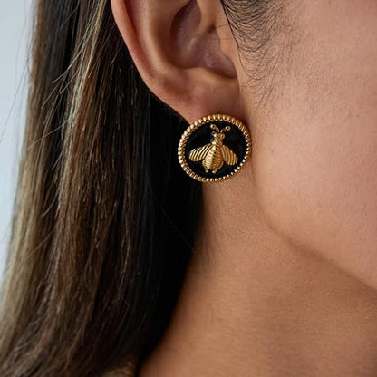 RAUCHBE Big Chunky Gold Earrings for Women Vintage Black Oval Earring Onyx Statement Earrings Trendy Jewelry - style: Bee