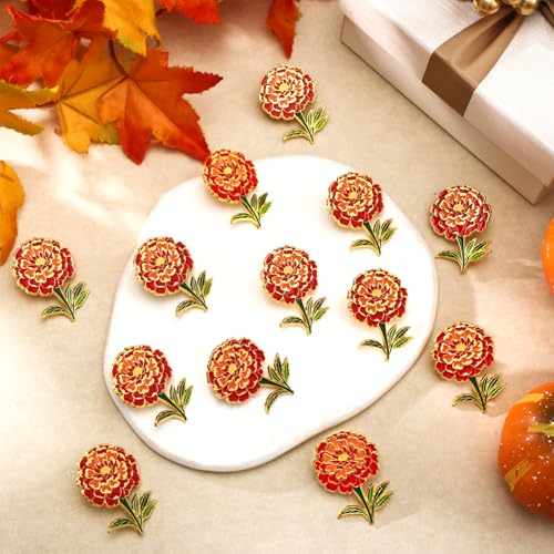 Liliaafar 24/48 Pcs Marigold Flower Enamel Pin Bulk Women Gold Lapel Brooch Marigold Floral Lapel Pin for Clothing Jacket Bags Hats