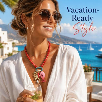 LIU JUN Colorful Beaded Necklace for Women, Chunky Boho Fish Starfish Conch Pendant Acrylic Bead Necklaces Cute Y2K Summer Beach Jewelry Gifts - color: Red