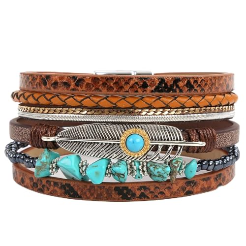 Fesciory Leather Wrap Bracelet for Women, Boho Western Layered Cuff Jewelry | Stackable Bracelets, Easy-On Clasp, Daily Wear, Pairs with Boho Western Outfits, Gift for Women - color: Brown2