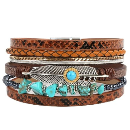Fesciory Leather Wrap Bracelet for Women, Boho Western Layered Cuff Jewelry | Stackable Bracelets, Easy-On Clasp, Daily Wear, Pairs with Boho Western Outfits, Gift for Women - color: Brown2