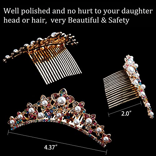 ANBALA Small Tiara Crown with Hair Comb, 3 Pack Mini Tiara Crown Crystal Hair Accessories Hair Styling (Gold + 7 Color Crystal) - color: Gold+7Color Crystal
