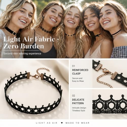 D.Bella 6Pcs Black Lace Choker Necklace Set for Women Gothic Velvet Heart Flower Hollow Chokers Collar Necklace - color: B-8PCS