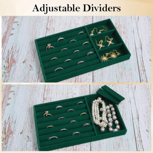 Jewelry Box Insert Organizer for Drawer Stackable Velvet Trays 8.3 x 4.9in | Jewelry Drawer Inserts, Ring Earring Stud Necklace Holder Display Storage Case(Green) - color: Green